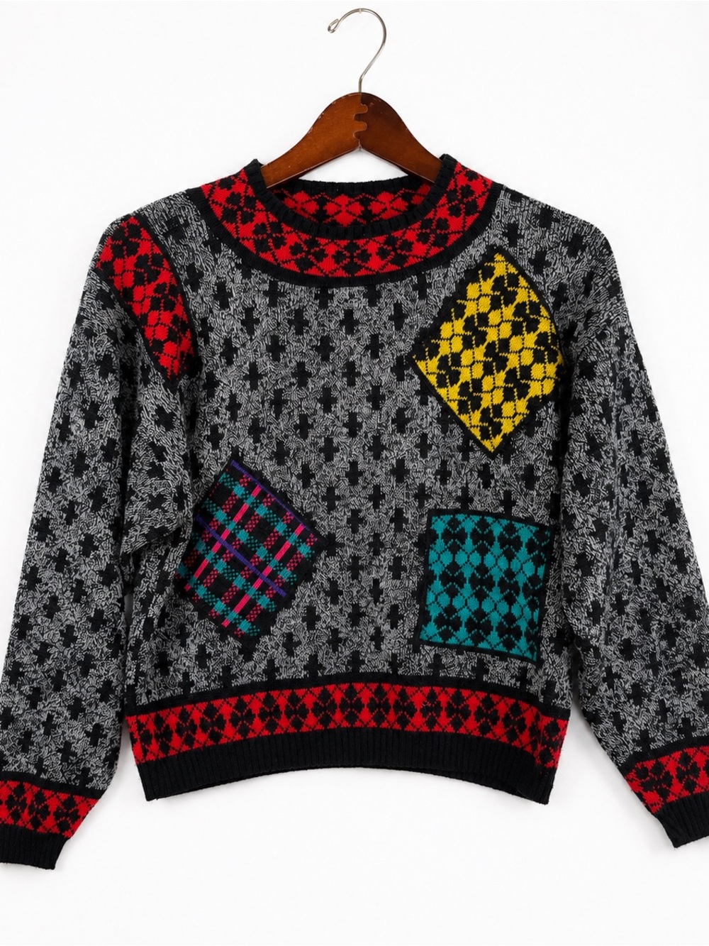 Vintage 80s 90s Patchwork Intarsia Knit Sweater Geometric M
